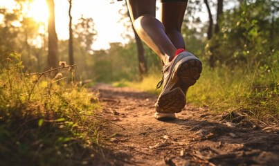 Athlete running in sneakers trough the forest with sunlight ahead, fitness concept