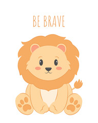 Cute cartoon baby lion cub. Children kids illustration. Vector isolated on white background. Baby shower, birthday