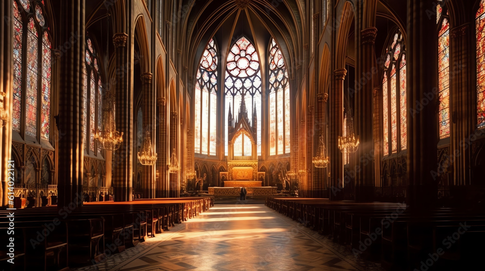 Poster generative ai inside an empty church in france.