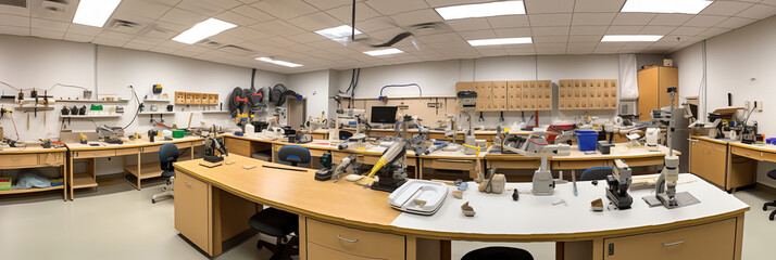 Generative AI A school classroom with woodworking equipment, machinery and light engineering equipment, for vocational training.