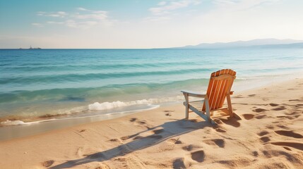 Fototapeta na wymiar A beach chair on the sand with blue sky background. Generative AI