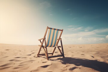 A beach chair on the sand with blue sky background. Generative AI