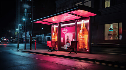 Generative AI A nighttime shot of a bus stop booth with a red bench