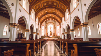 Generative AI Rows of church benches at the old european catholic church.