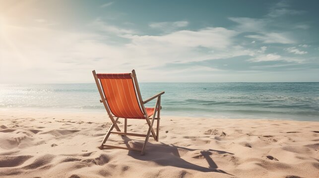 A beach chair on the sand with blue sky background. Generative AI