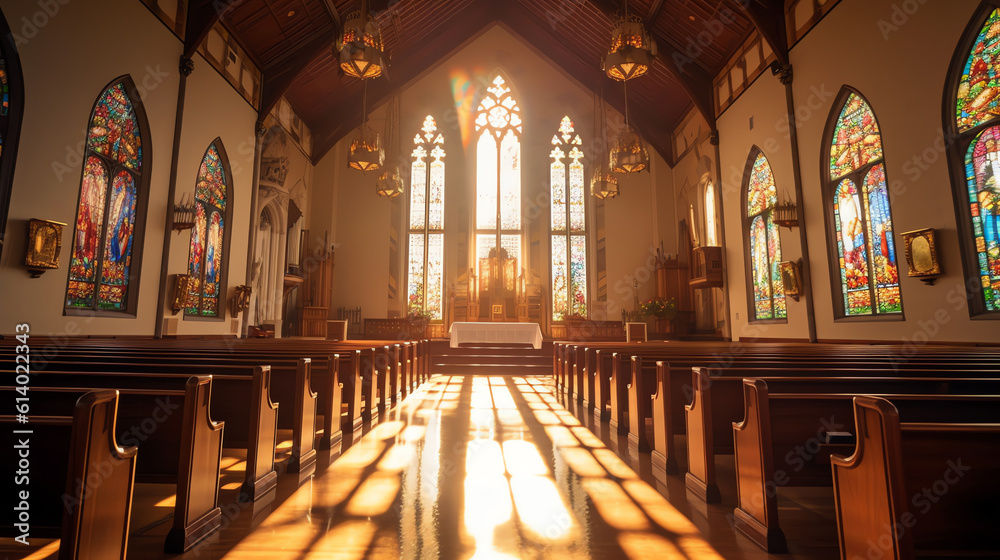 Poster generative ai empty pews with soft sunlight in a catholic church.