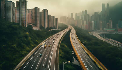 Obraz premium Generative AI Asphalt road and bridge with modern city skyline in Ningbo, Zhejiang Province, China.