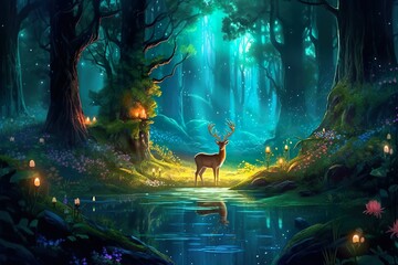 Magic deer in fairy forest. Illustration AI Generative