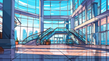 Generative AI Empty office with large panoramic windows and urban view seen through glass. Modern open space premises, studio apartment, corridor or hall. Real estate rental in big city. Cartoon vecto