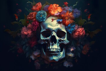 Human skull and flowers on a black background, Generative AI