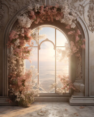 Generative AI window arch in an abandoned temple