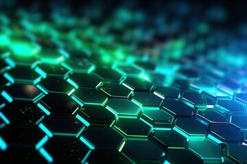 Naklejka premium abstract futuristic background with green blue glowing neon moving high speed wave lines honeycomb and bokeh lights. Data transfer concept Fantastic wallpaper, Ai Generative