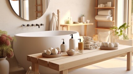 Bathtub and table with cosmetic products in beige bathroom Shower project, modern design, trend 2023