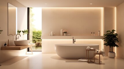 Obraz na płótnie Canvas Bathtub and table with cosmetic products in beige bathroom Shower project, modern design, trend 2023