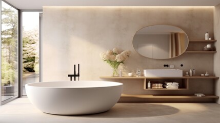 Bathtub and table with cosmetic products in beige bathroom Shower project, modern design, trend 2023