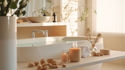 Bathtub and table with cosmetic products in beige bathroom Shower project, modern design, trend 2023