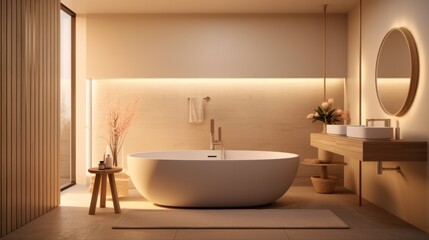 Fototapeta na wymiar Bathtub and table with cosmetic products in beige bathroom Shower project, modern design, trend 2023