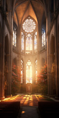 Generative AI Sun shines inside an empty church in France - obrazy, fototapety, plakaty