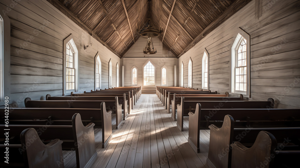 Aufkleber Generative AI Empty pews in a small chapel, in which soft sunlight falls through a small window.