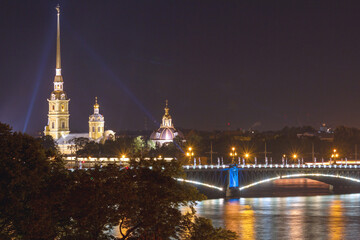 Fototapeta na wymiar Peter and Paul Cathedral and Trinity bridge at night, Saint Petersburg, Russia