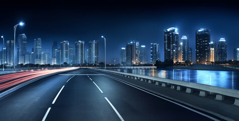Generative AI Empty asphalt road and city skyline with modern commercial buildings in Shanghai at night, China.