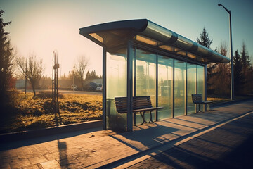 Generative AI empty bus stop on an autumn day. A glass bus stop with a bench against the background of trees during the day. Stop without people.