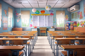 Generative AI School classroom interior with desk and projector
