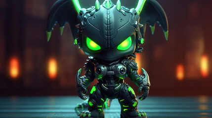 3d black dragon man wearing a future mech with neon green