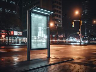 Generative AI Blank poster on the wall of bus stop on night city street, mock up 3D Render