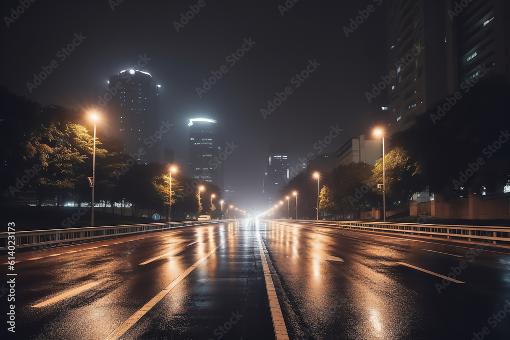 Poster generative ai empty square floor and pedestrian bridge with city skyline at night in ningbo, zhejian