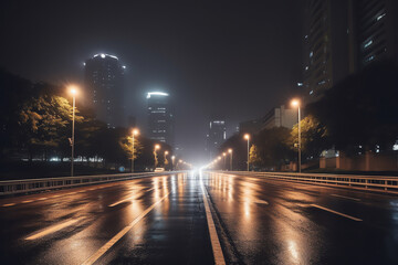 Fototapeta na wymiar Generative AI Empty square floor and pedestrian bridge with city skyline at night in Ningbo, Zhejiang Province, China.