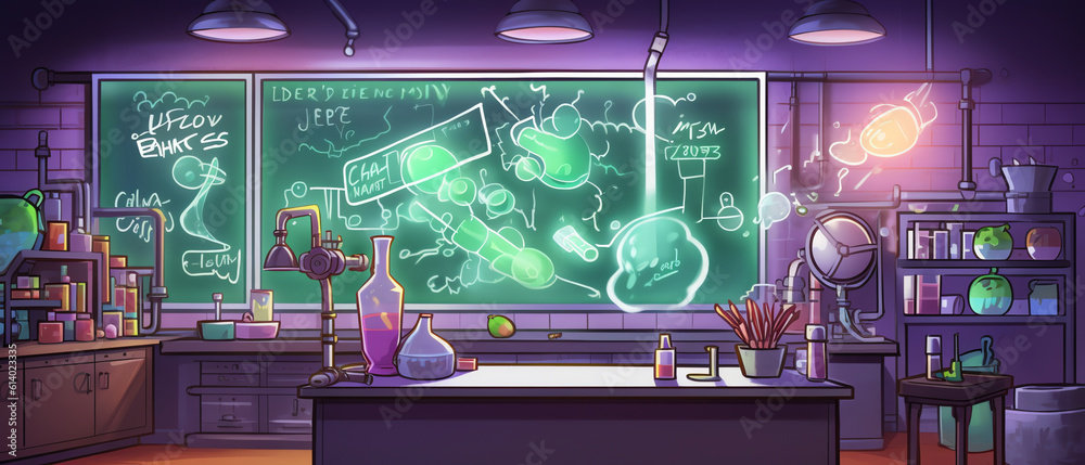 Poster generative ai classroom for chemistry learning with formula on chalkboard. vector cartoon illustrati