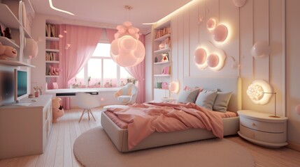 Children's room, bedroom for girls, light pink tones, modern interior design, trends 2023