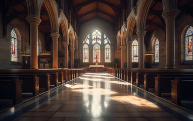 Fototapeta premium Generative AI Rows of church benches at the old european catholic church.