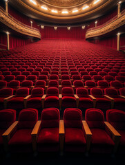 Generative AI Classic rows of empty reddish seats in theatre. Hall without visitors. Shallow depth of field