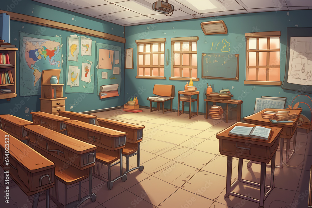 Poster generative ai vector cartoon background with empty school classroom, interior inside. education conc