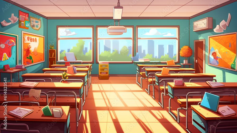 Poster generative ai geometry classroom interior, school class room with teacher table, student desks, blac