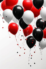 fliegende rote, schwarze und weiße Ballons auf hellem Hintergrund. Hochkant. Hochformat. Generative Ai.