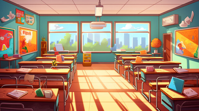 Generative AI Geometry classroom interior, school class room with teacher table, student desks, blackboard with geometrical tasks and rulers, cupboard with textbooks, studying posters, Cartoon vector 
