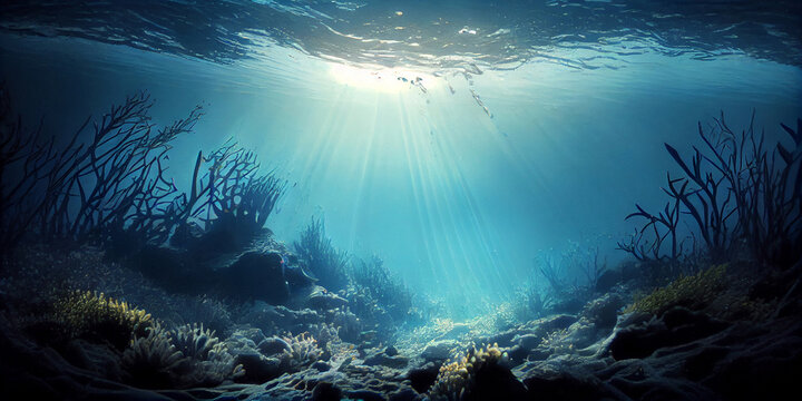 The rays of the sun under water and the seabed. Generative AI