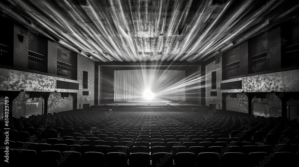 Poster Generative AI Empty movie theater with projection light falling into the lens