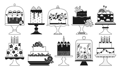Birthday and wedding cakes celebration desserts doodle set. Party delicious cupcake sweet bakery collection. Holiday decoration tasty cake, anniversary invitation card, glyph brand vector design