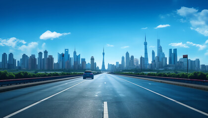 Fototapeta na wymiar Generative AI empty highway with cityscape and skyline of qingdao,China.