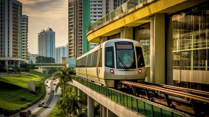 Naklejka premium Generative AI Empty bus stop in Singapore city with green land background and shadow
