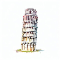 Towering Beauty: Leaning Tower of Pisa Watercolor Illustration, Generative AI