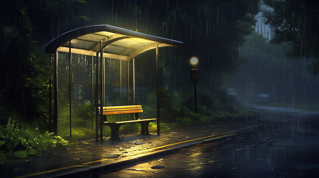 Generative AI Rustic bus stop at night