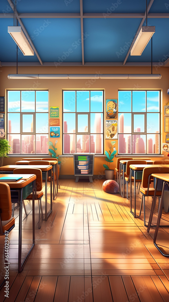 Aufkleber Generative AI Empty school classroom in cartoon style. Education concept without students. 3d rendering interior illustration. Back to school design template. Classroom in quarantine on coronavirus CO