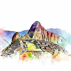 Sacred Beauty: Watercolor Illustration of Machu Picchu, Generative AI - obrazy, fototapety, plakaty