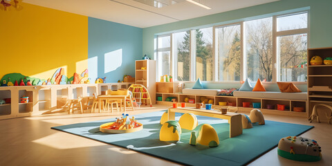 Generative AI classroom of a daycare center without children and teacher - obrazy, fototapety, plakaty