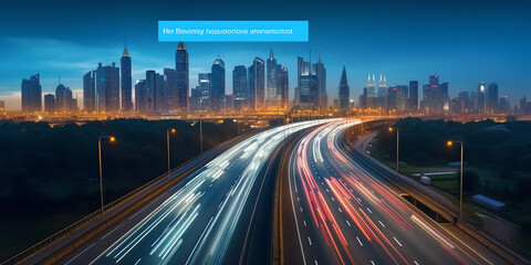 Fototapeta premium Generative AI Panoramic city skyline and buildings with empty asphalt road at sunrise